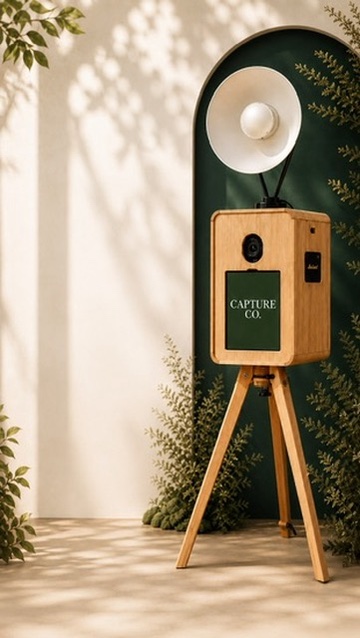 Capture Co. wooden photo booth styled with a deep green botanical backdrop